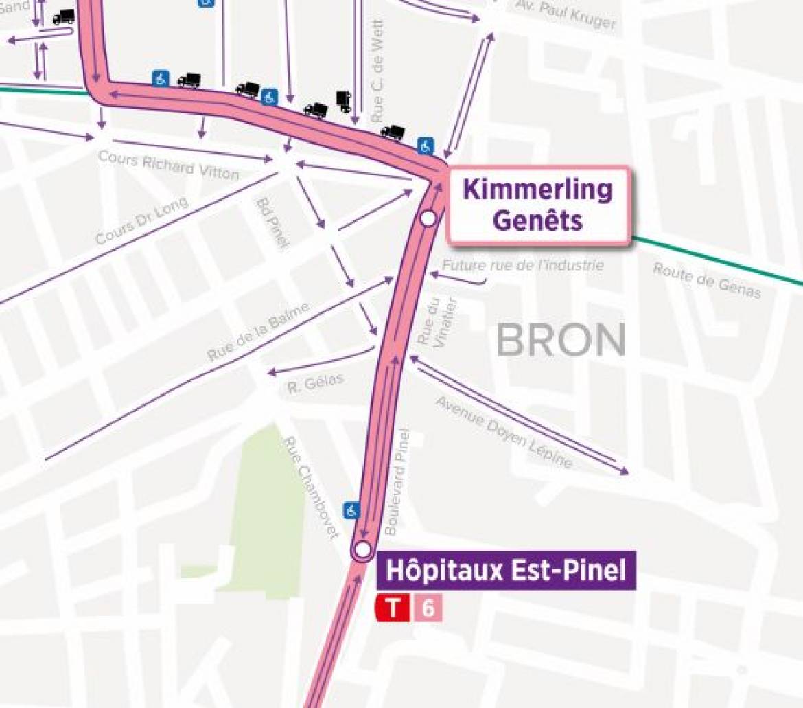 Plan de circulation entre les arrêts Kimmerling - Genêts et Hôpitaux Est Pinel.